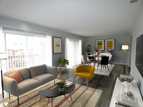 a living room with gray walls and a large window